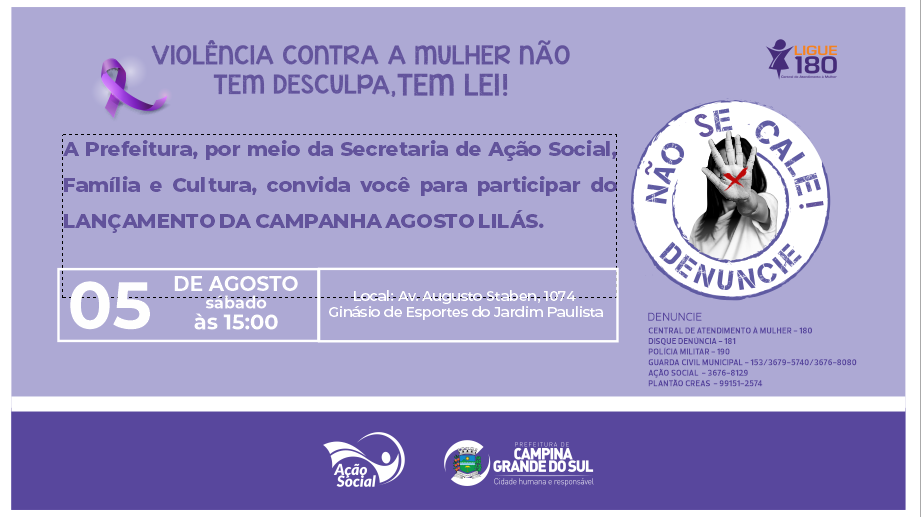 32Tekdntu0D Secretaria De Ação Social, Família E Cultura Lançará Campanha ''Agosto Lilás'' Neste Sábado (05/08)